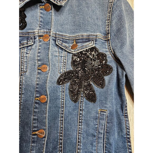 Nanette Lepore Womens XS Denim Button Jacket Black Sequin Floral Streetwear - Picture 7 of 11